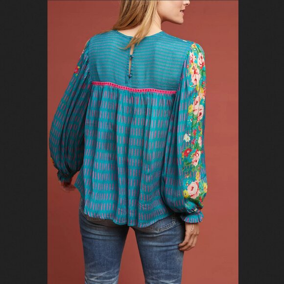 Sale Anthropologie Eclectic Peasant Blouse Bl-nk Size Small - Picture 2 of 5